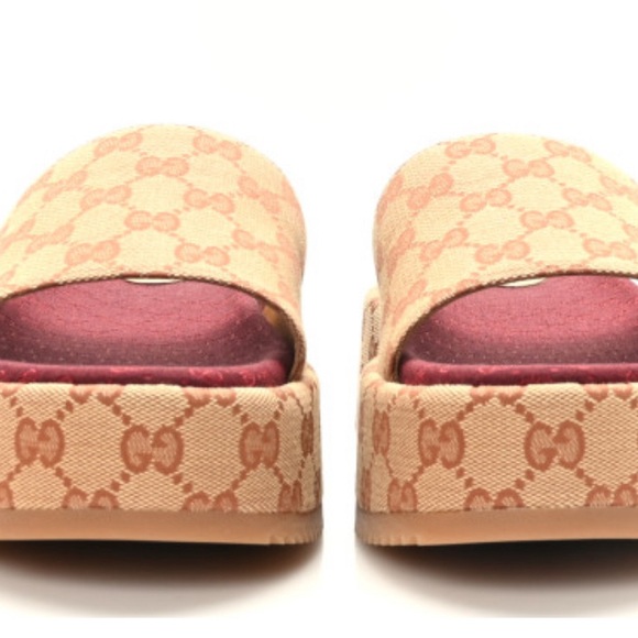 Gucci Canvas GG Monogram Angelina Platform Slide Sandals Size 38 - Picture 2 of 6